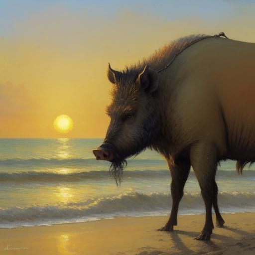 Boar and Sandcastle: Impressionist Oil Painting at Sunset