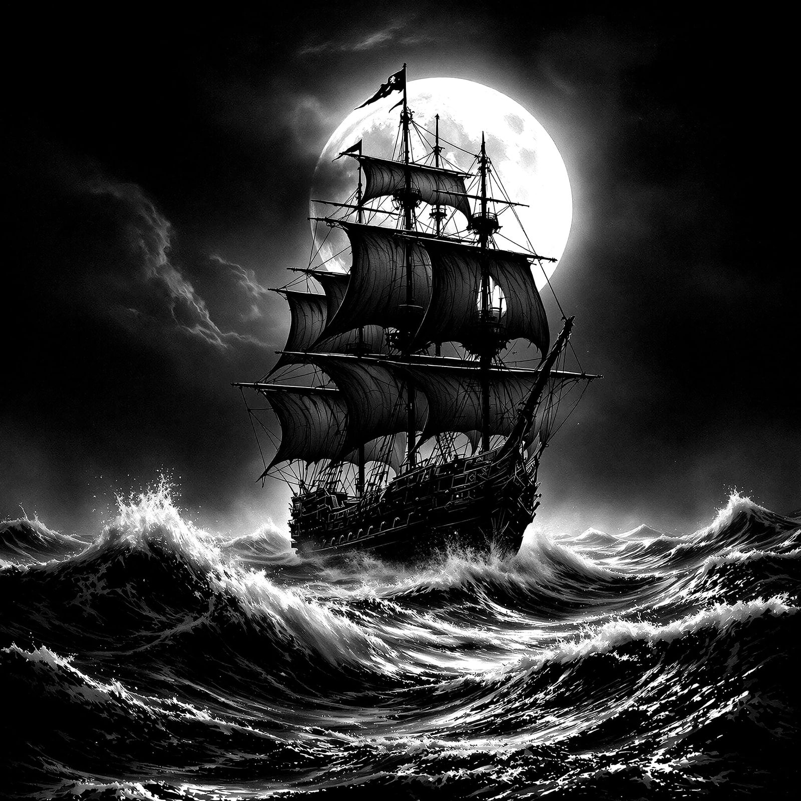 Dark Ocean Corsair Under Spooky Moonlight