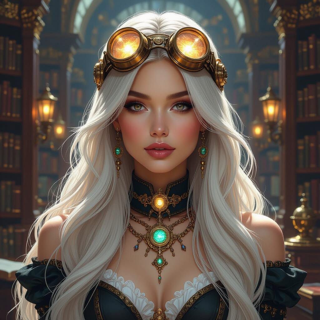 Steampunk Beauty in Grand Library, Art Nouveau Portrait