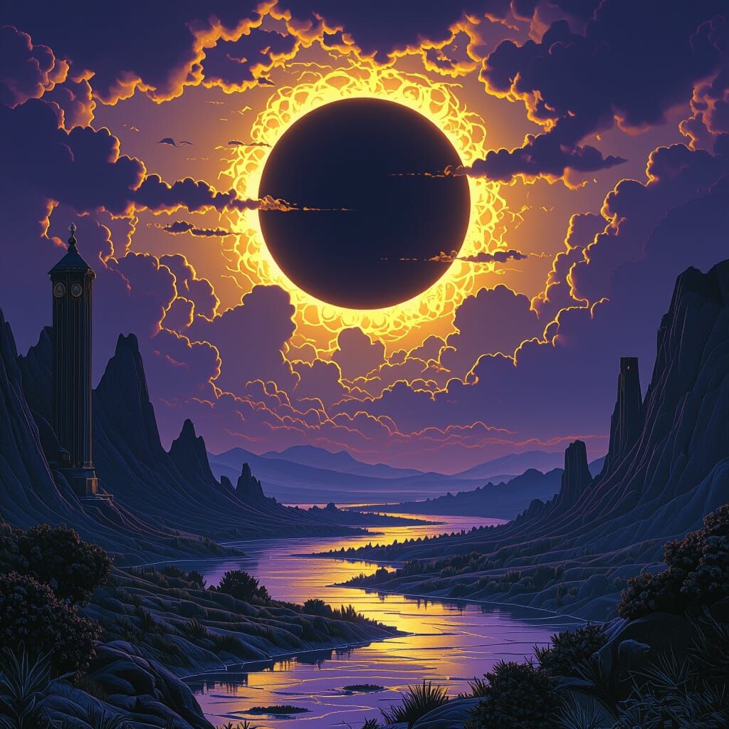 Dark Fantasy Eclipsed Landscape with Dynamic Lighting