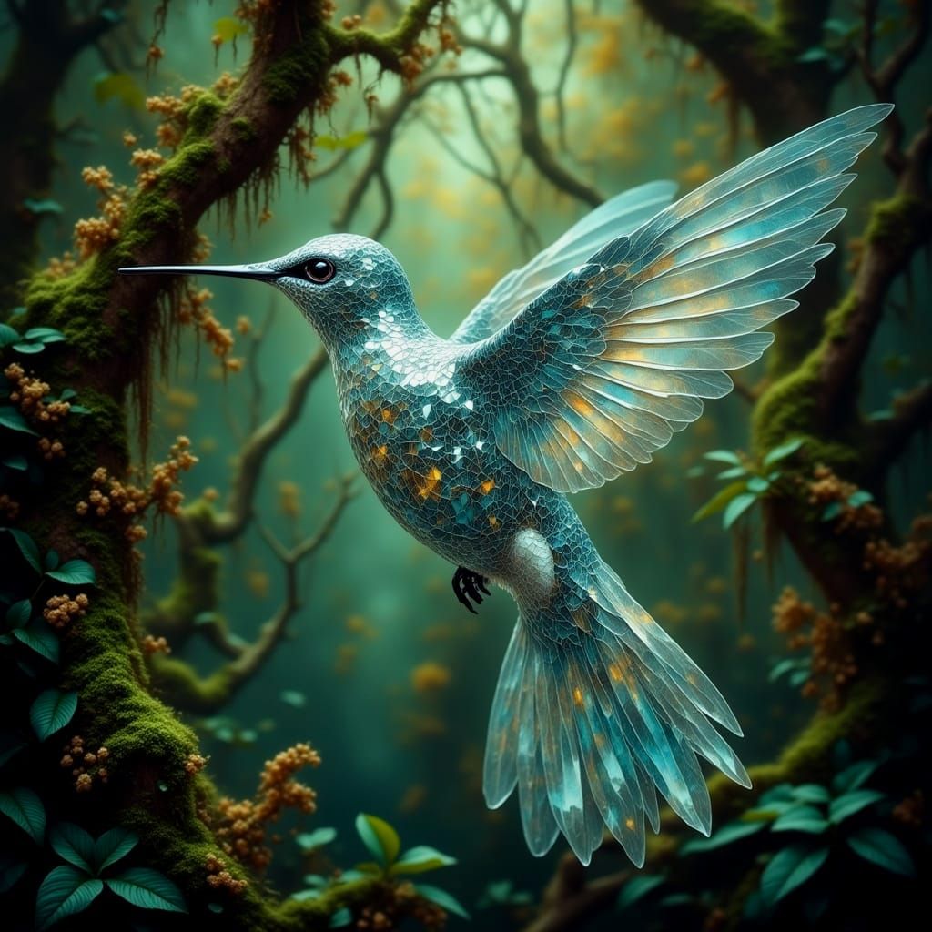 Hummingbird Made of Mirror Shards in Dreamlike Forest