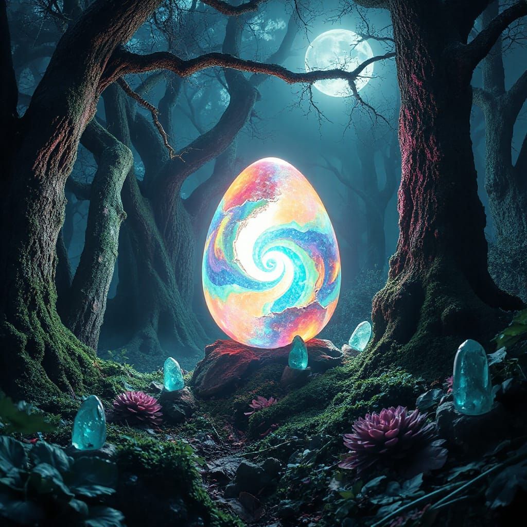 Glowing, Iridescent Egg of Life in an Alien Forest
