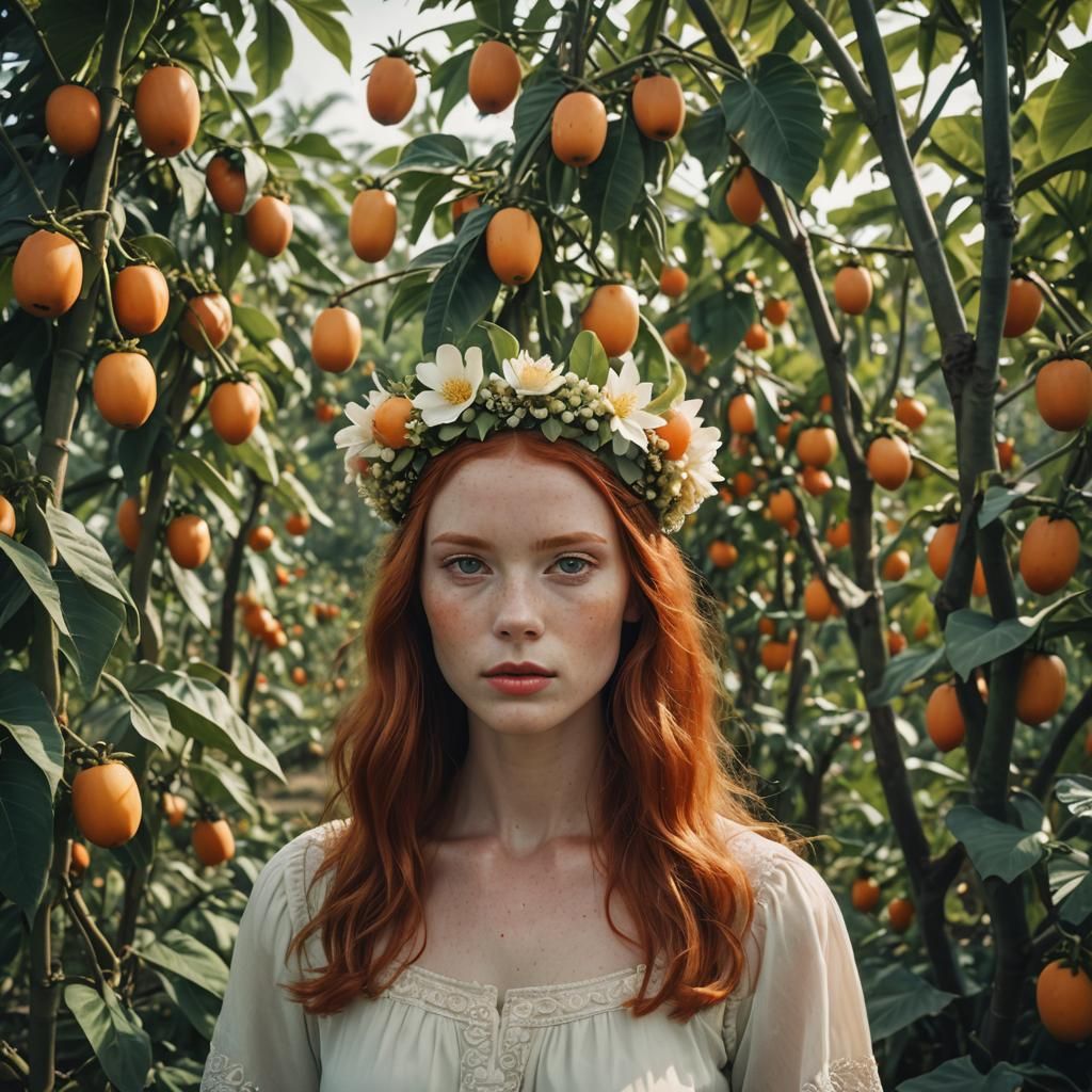 Redhead Goddess in Papaya Field: Cinematic Still