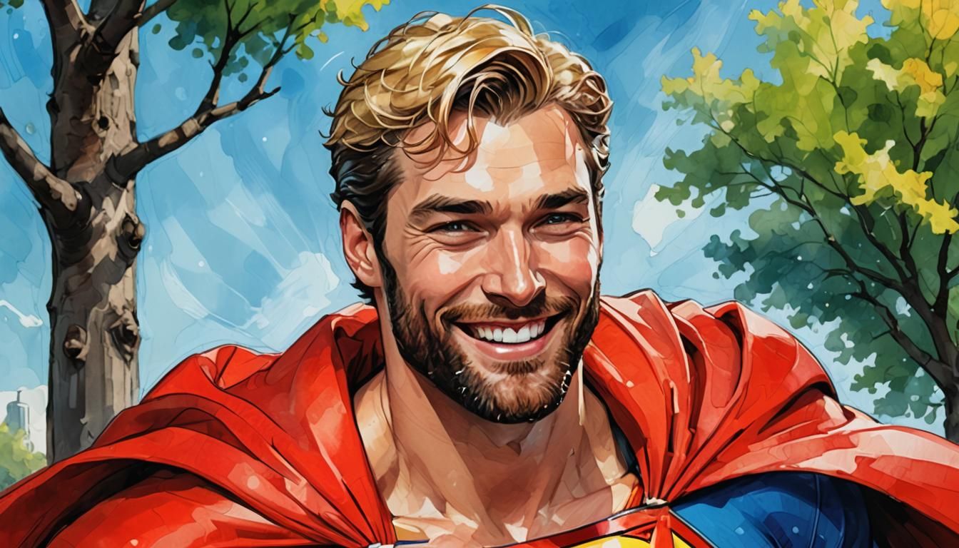 Cheerful Superman with Blond Beard in Comic Book Style