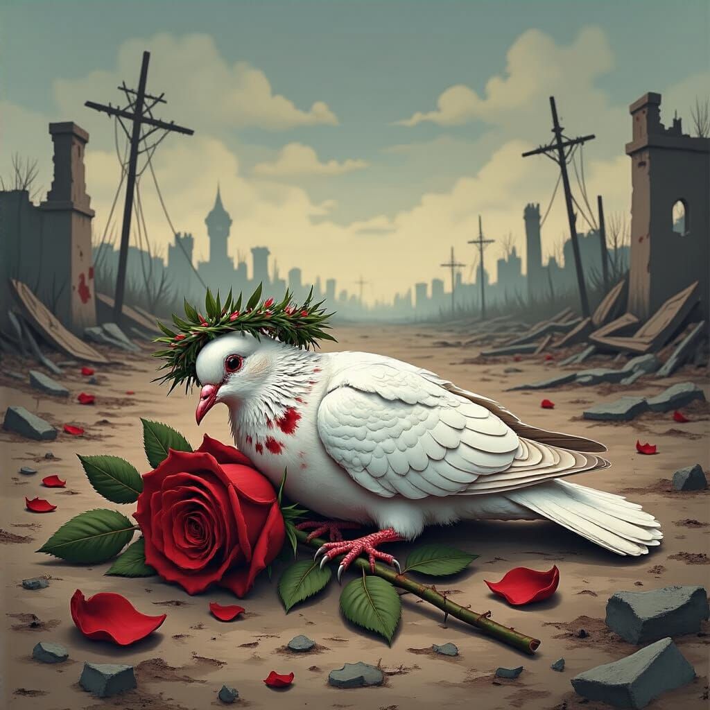 Wounded Dove on Battlefield in Cubist Style