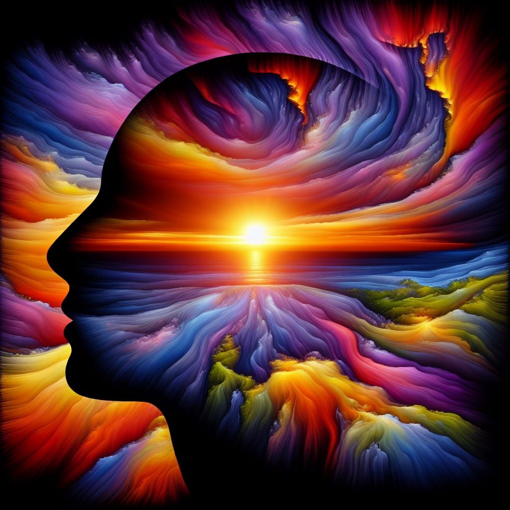 Four-Dimensional Sunset Silhouette: Vivid Colors