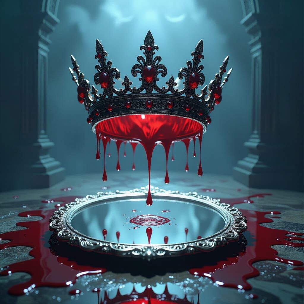 Cursed Blood Crown Hovers Over Mirror in Surreal Art