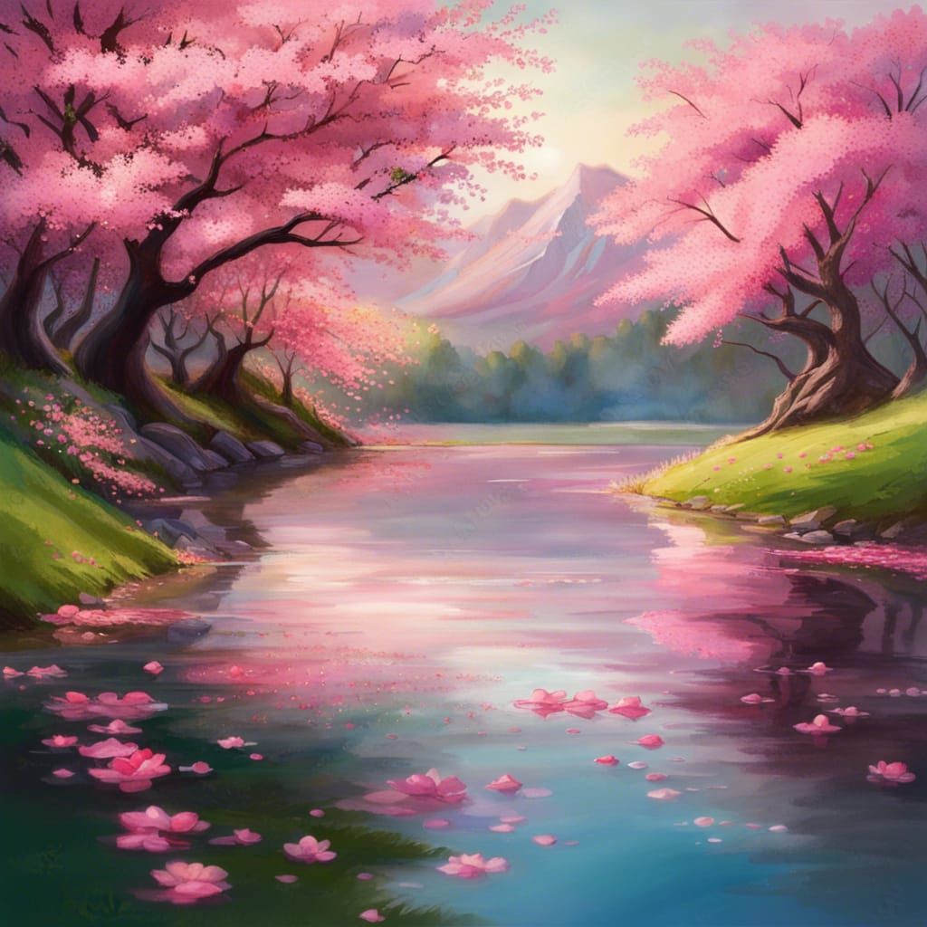 Cherry Blossom Trees Around Lush Lake: Fantasy Art
