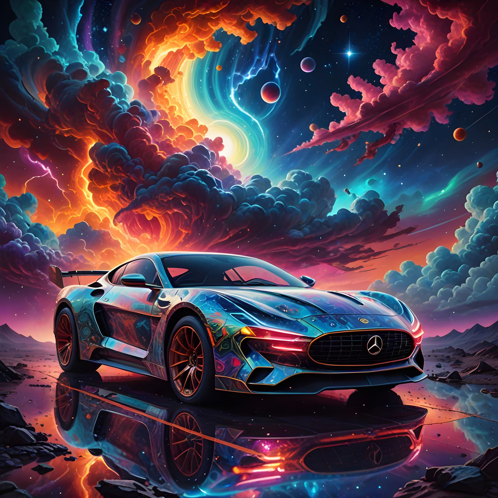 Cosmic Super Car in Holographic Illustration Style