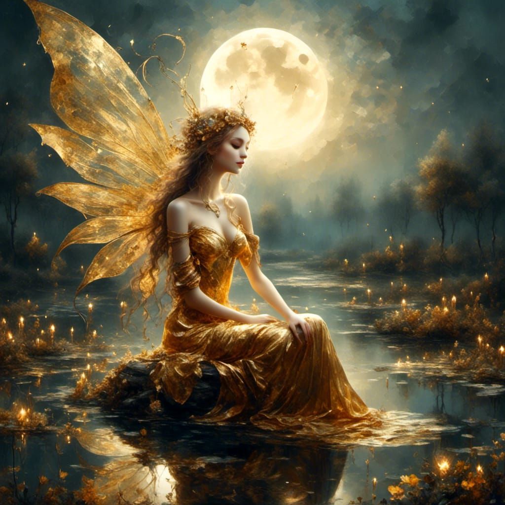 Golden Fairy Under Crescent Moon in Oil Art