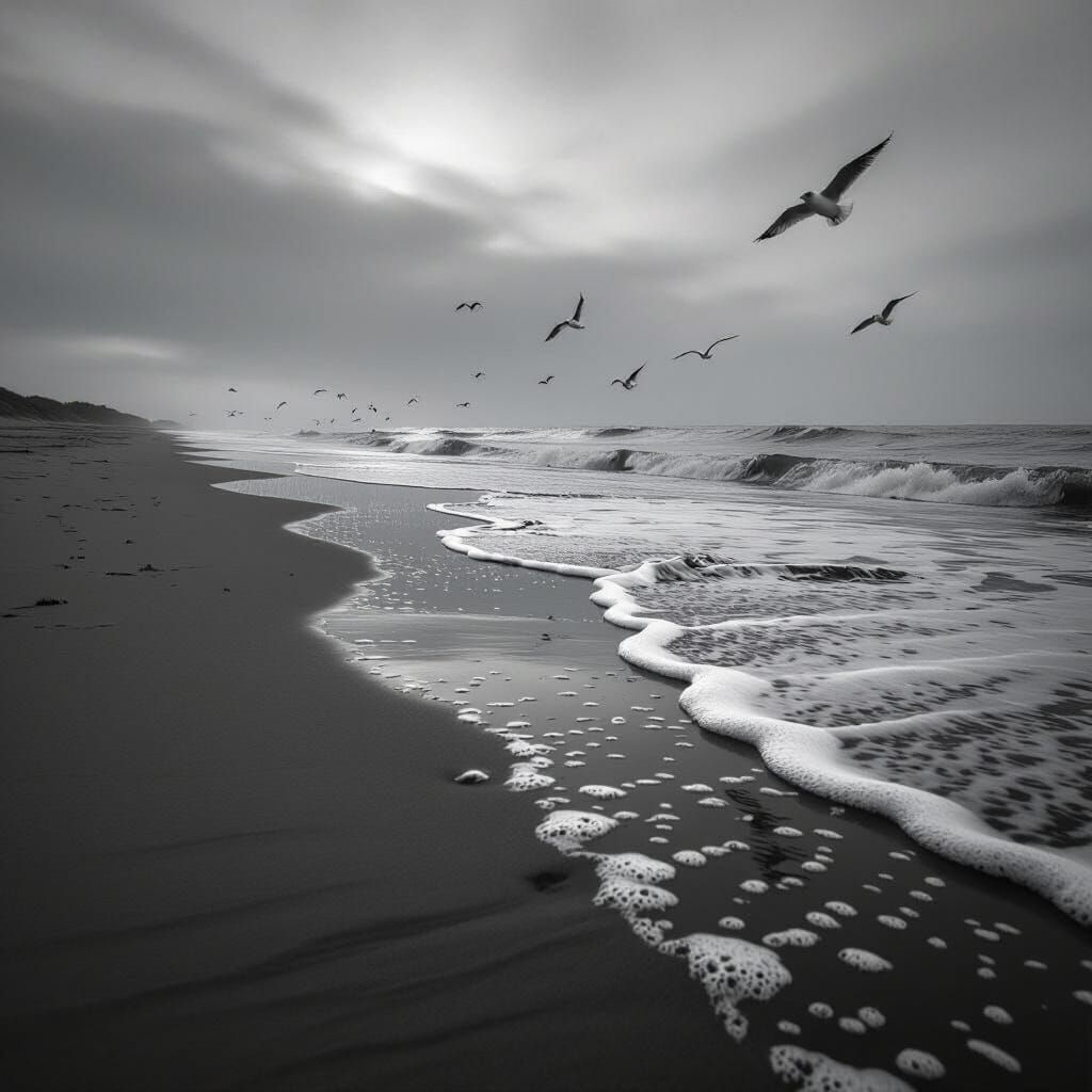 Serene Black and White Beach Scene