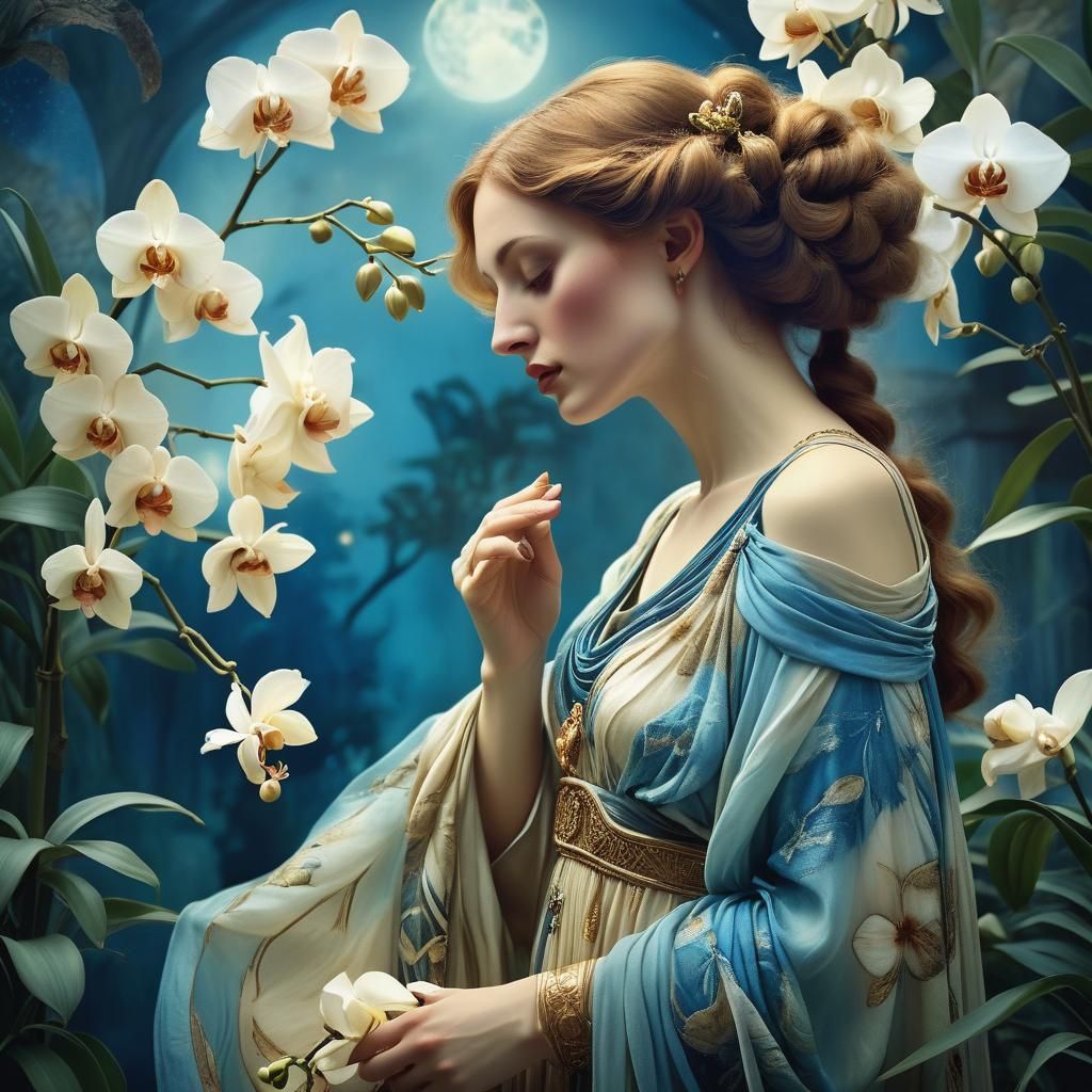 Moonlit Woman Sniffs Orchid in Swynnerton Style