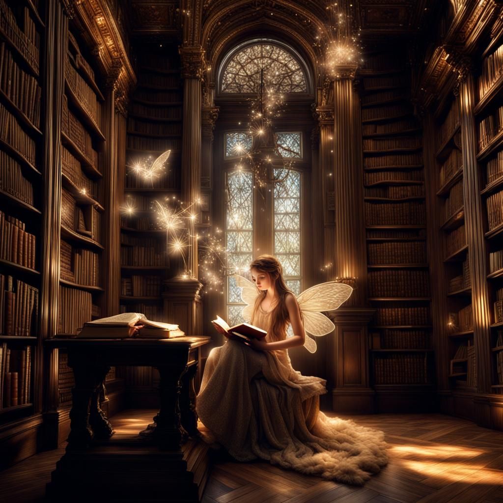 Fairy Reads Sparkling Book in Magical Library