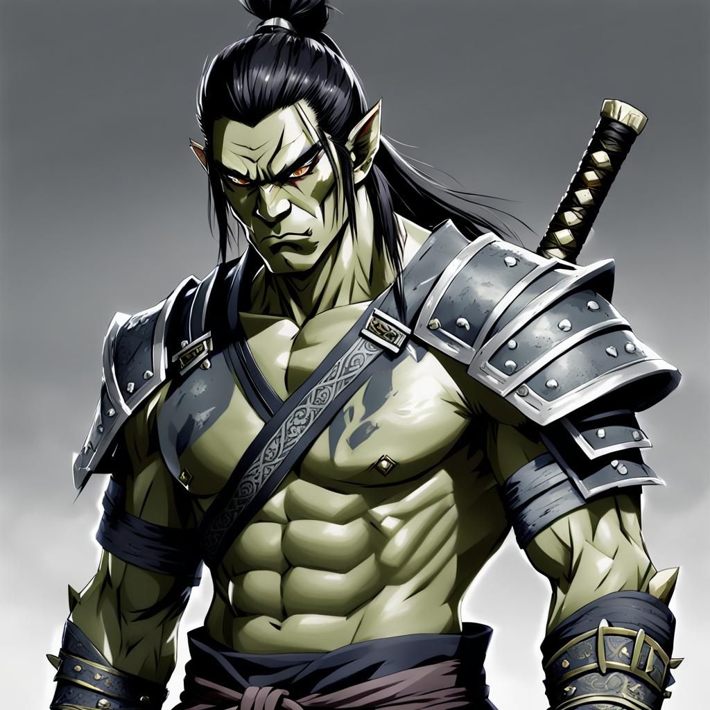 Handsome Half-Orc Samurai in Anime Style