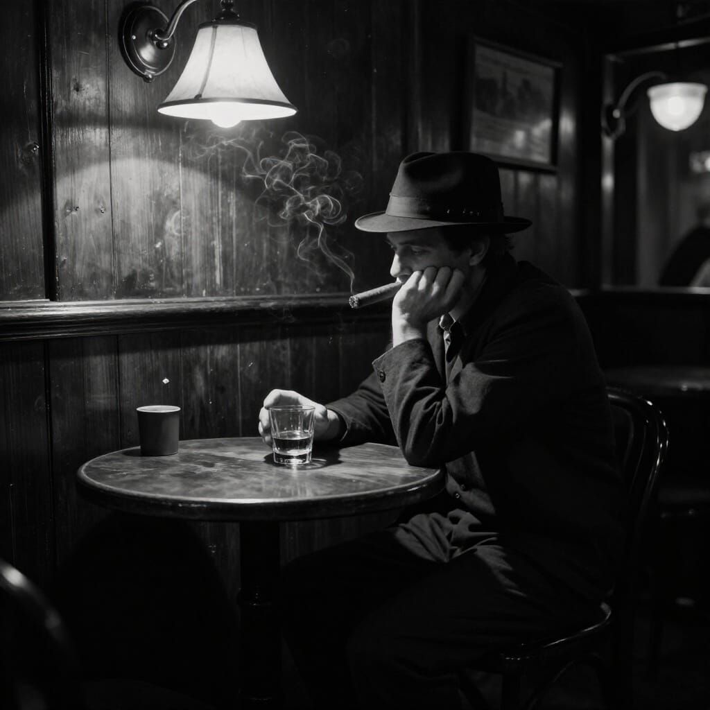 Solitary Figure in Dimly Lit Jazz Club, Noir Style