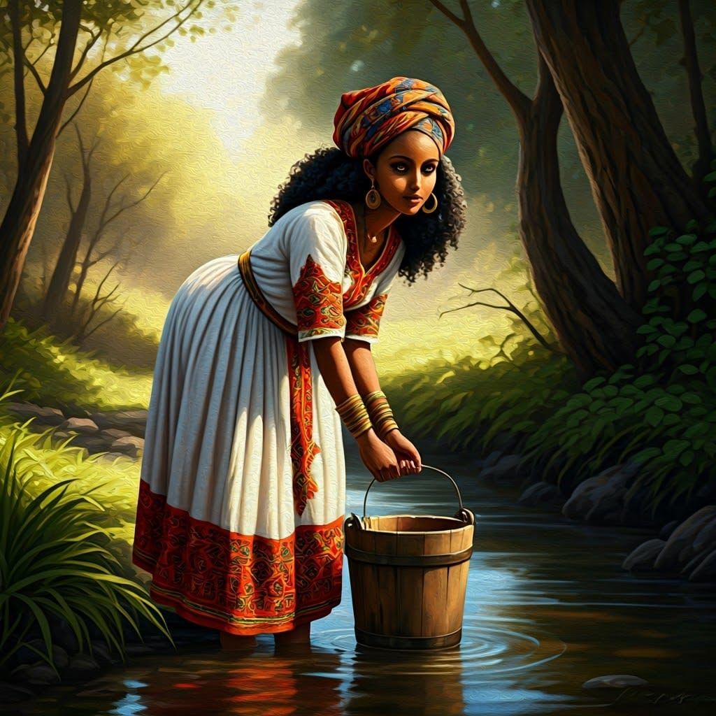 Dark-Skinned Ethiopian Woman Gathering Water in a Serene Lan...