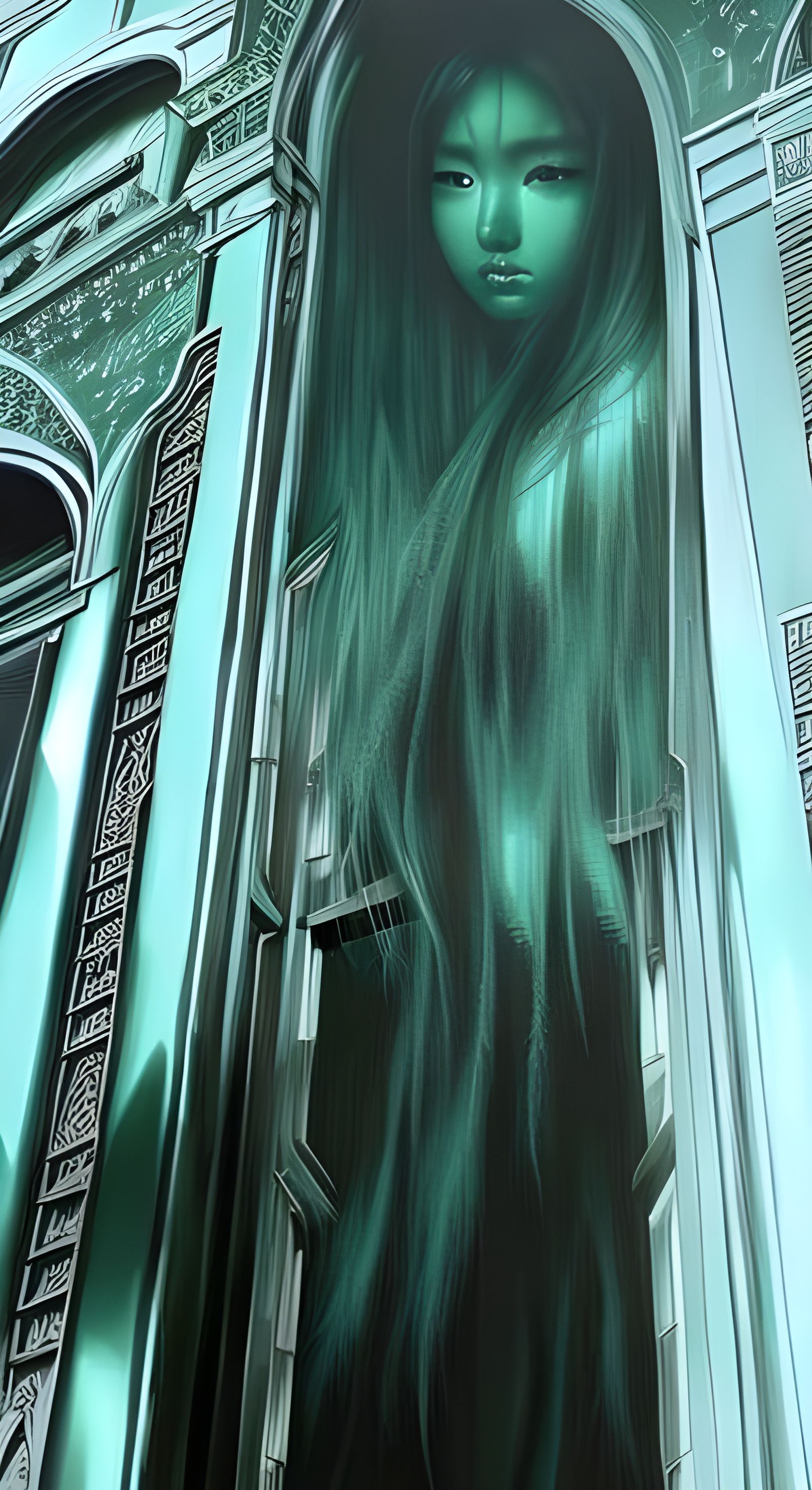Ethereal Asian Girl Apparition in Emerald Mist