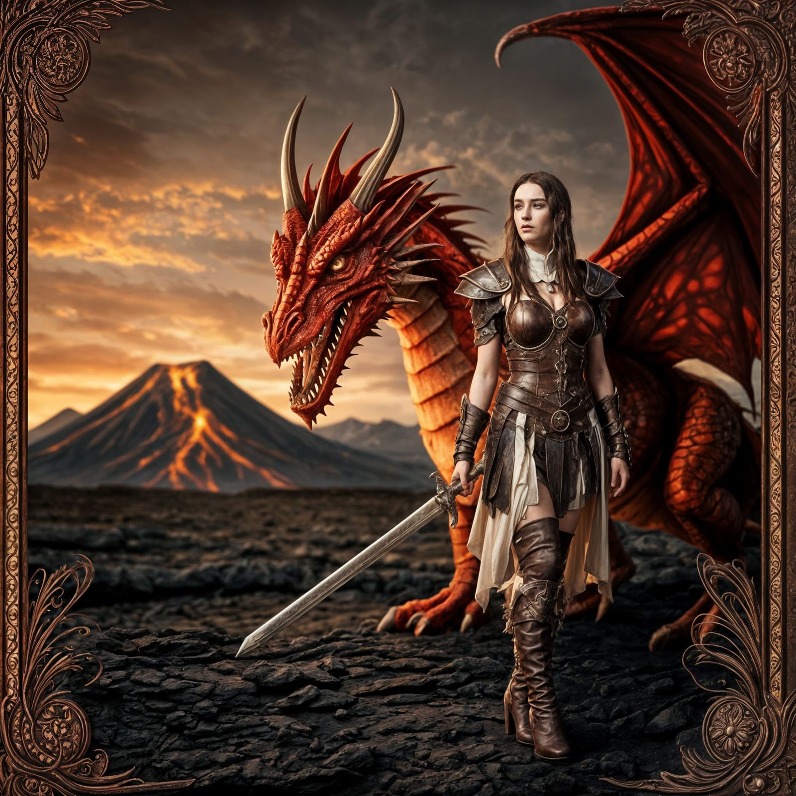 Dragon Rider in Volcanic Wastelands, Pre-Raphaelite Style