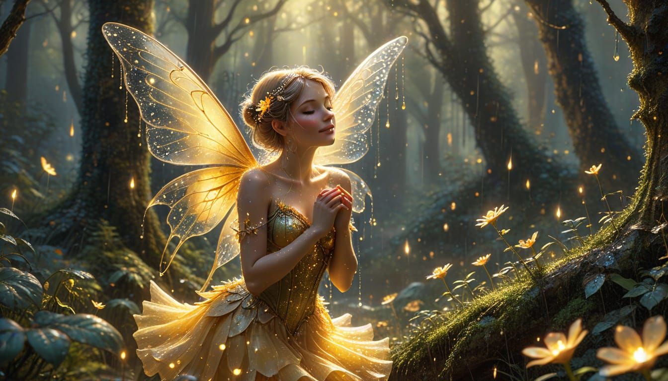 Flower Fairy with Raindrops in Ethereal Style