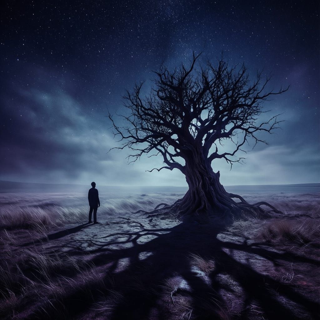 Figure Contemplates Existence Under Starry Sky