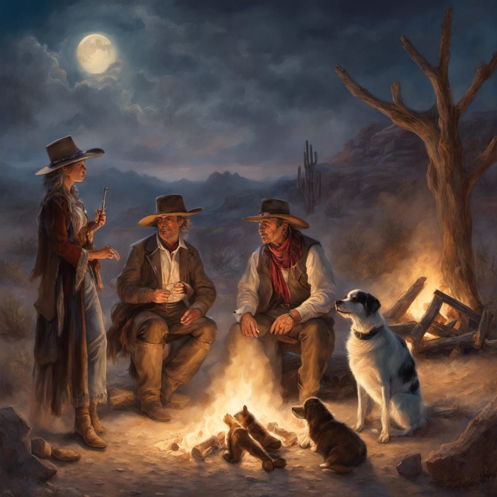 Old West Campfire Under Desert Moonlight in Kinkade Style