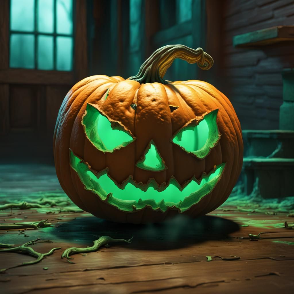 Scary 3D Pumpkin with Eerie Glow on Dilapidated Porch