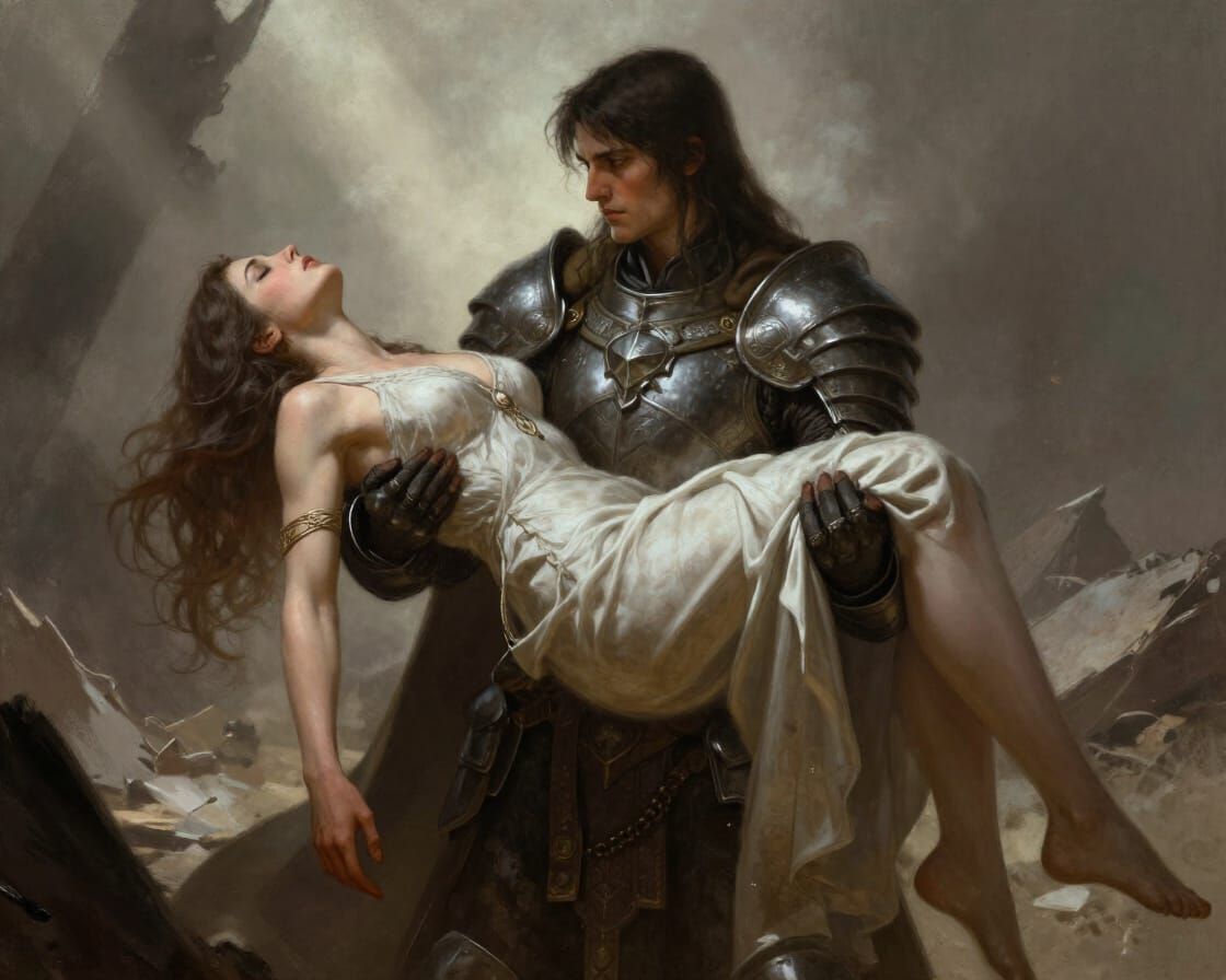 Warrior Carries Woman Through Ruined Battlefield