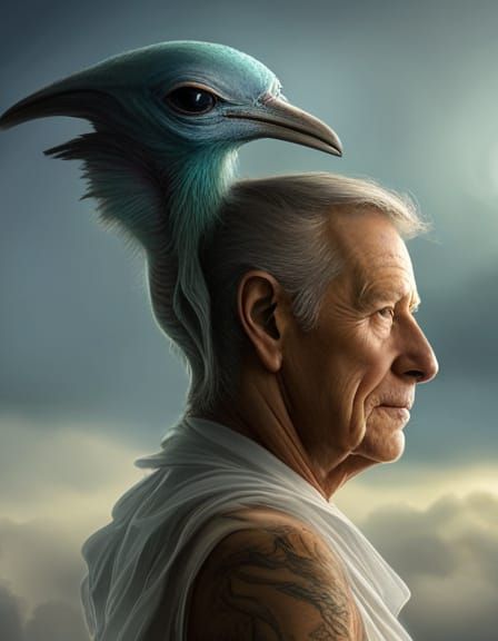 alien and pet alien bird on shoulder