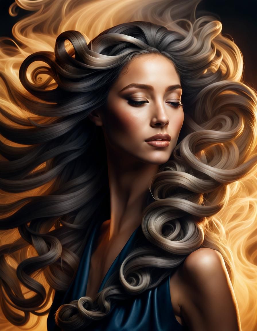 A photorealistic portrait of a woman with flowing hair made ...