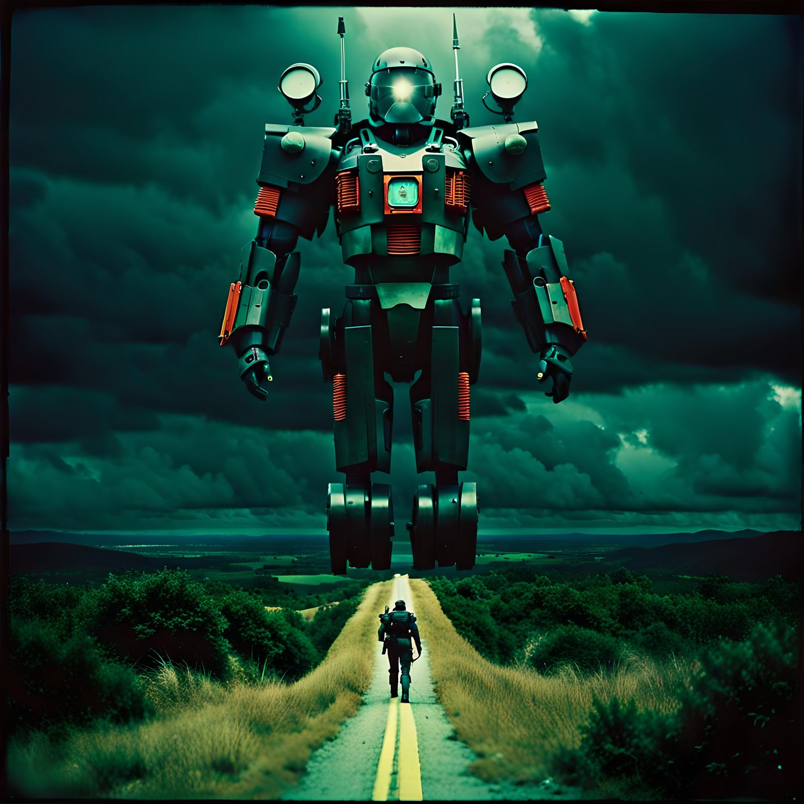 Cybernetic Mecha Warrior on Battlefield: 90s Photography