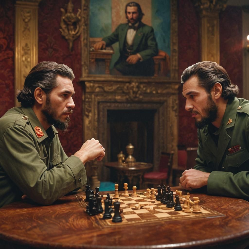 Che Guevara and Fidel Castro sitting across from each other,...