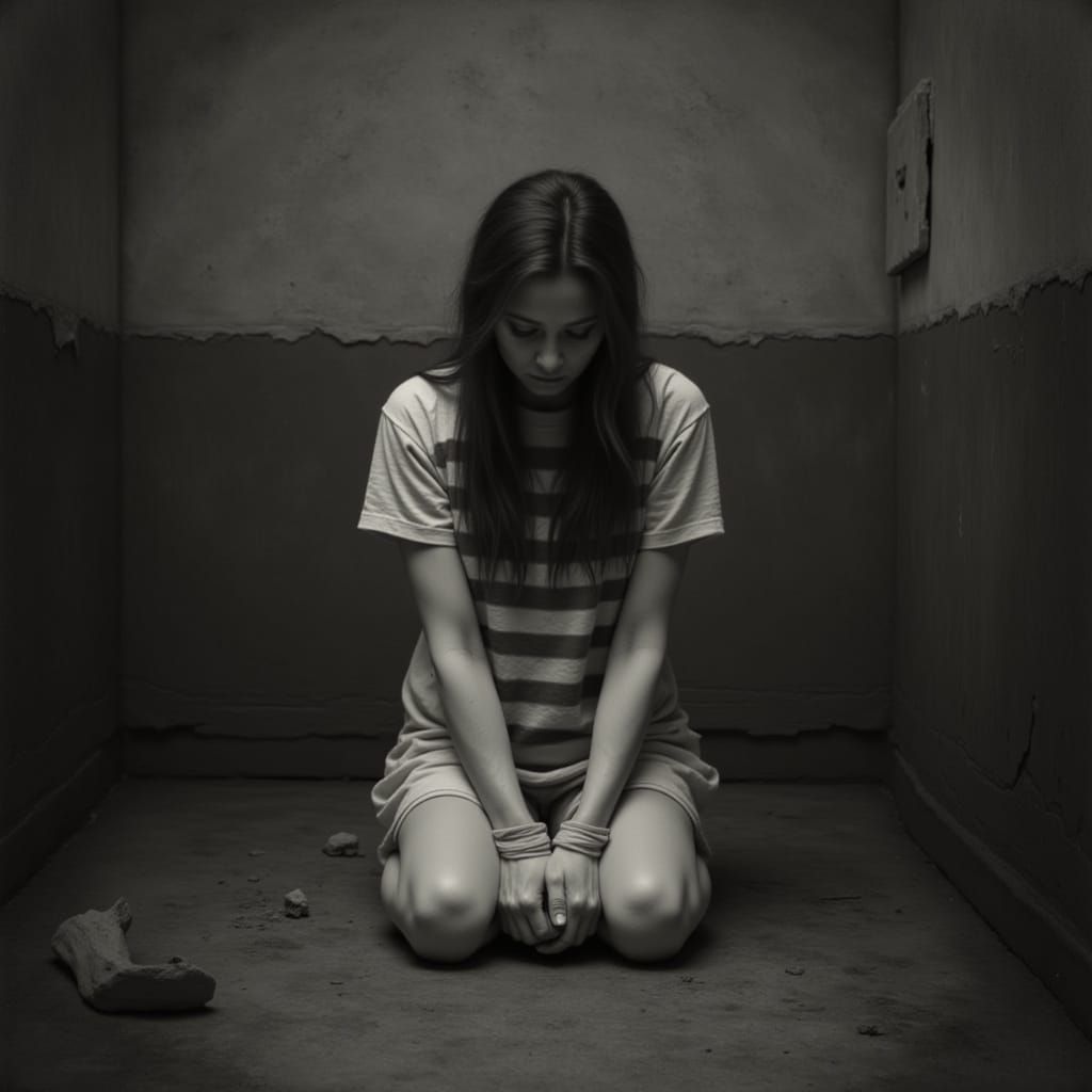 Woman Restrained in Dimly Lit Asylum Room