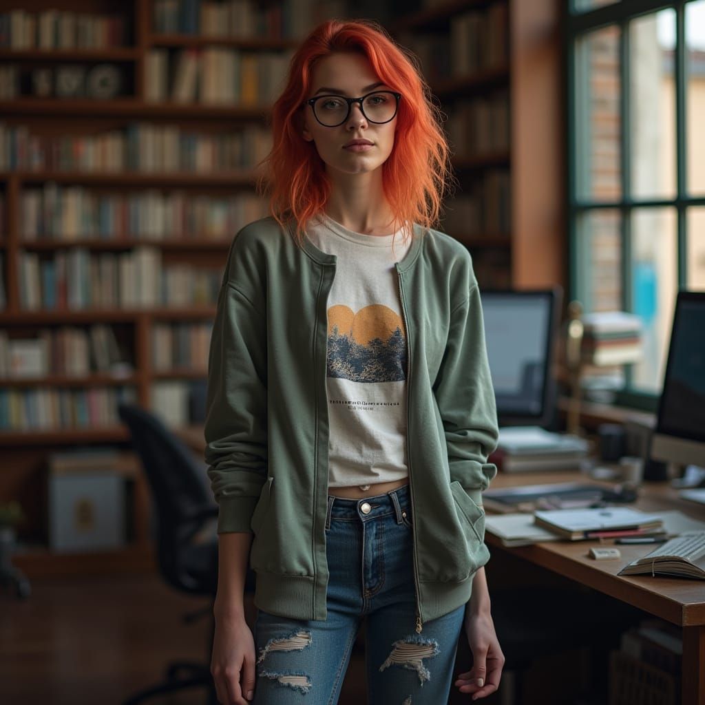 Hyperrealistic Portrait of Redhead in Library