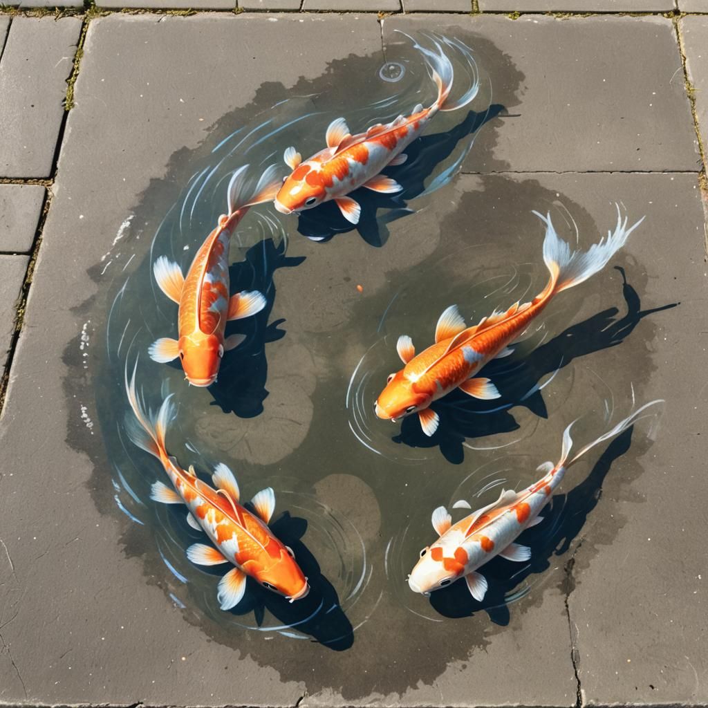 Realistic Sidewalk Chalk Art of Koi Fish