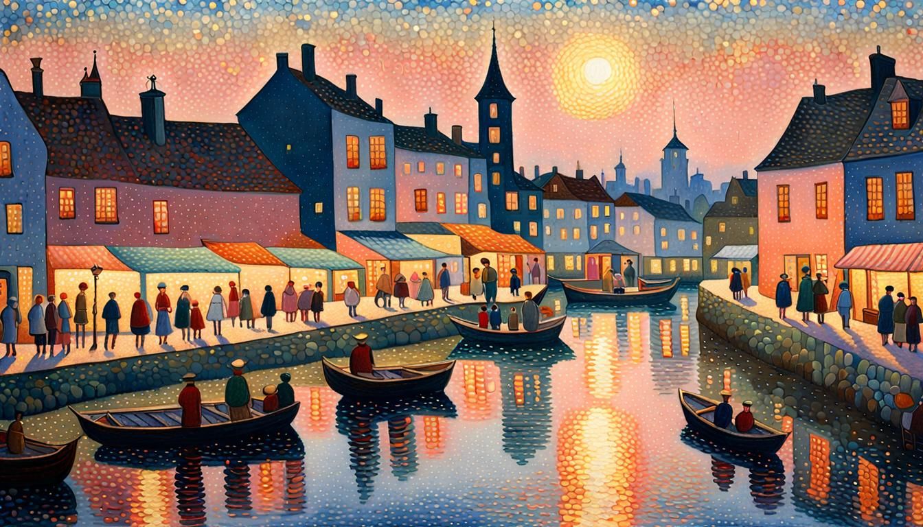 Pointillist Village Scene with Shimmering Light