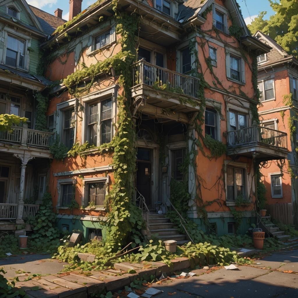 run down, decayed bed and breakfast, covered in ivy