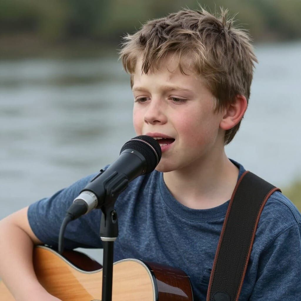 Young Boy Singing Sad Song by River, Realistic Photo