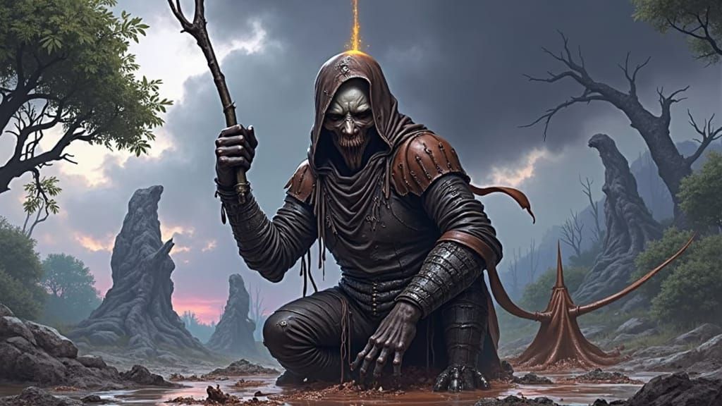 Otherworldly Reaper Devouring Mud in Dark Fantasy Style