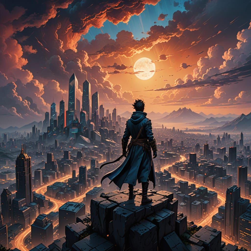 Epic Cityscape Concept Art with Ethereal Figure