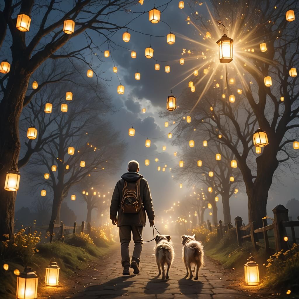 Lanterns Guide a Man and Dog to Eternity