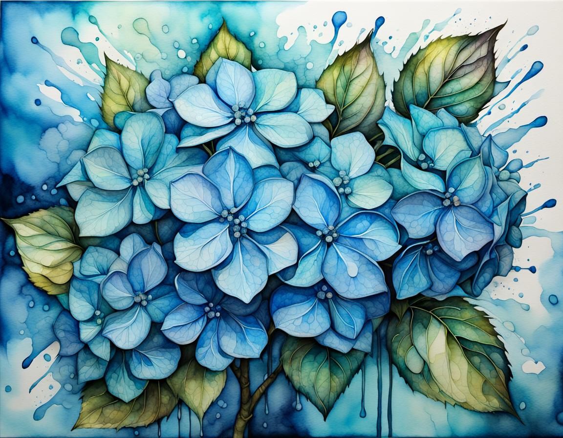 Blue Hydrangea in Watercolor and Ink with Splashes