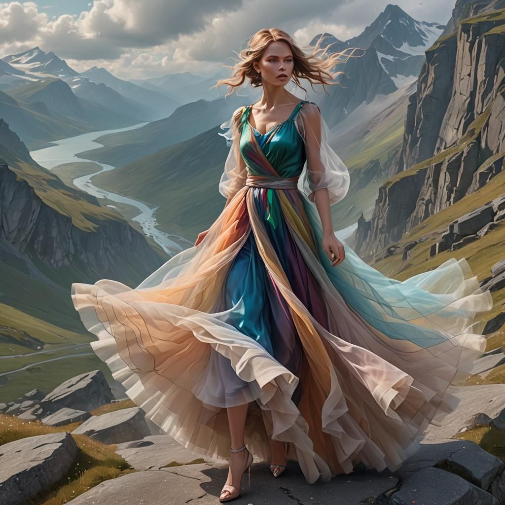Scandinavian Woman in Tulle Outfit on Mountain