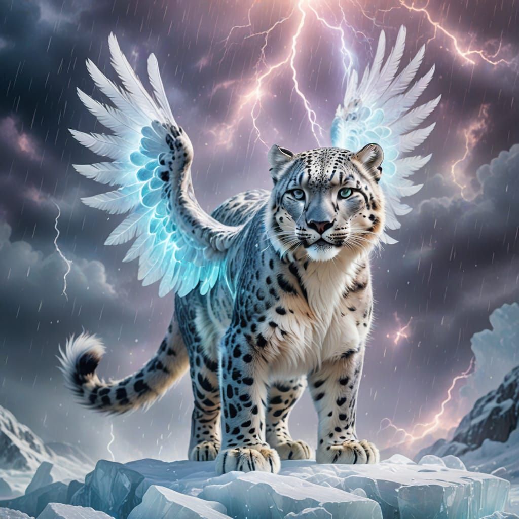 Divine Snow Leopard with Rainbow Wings in Ethereal Light