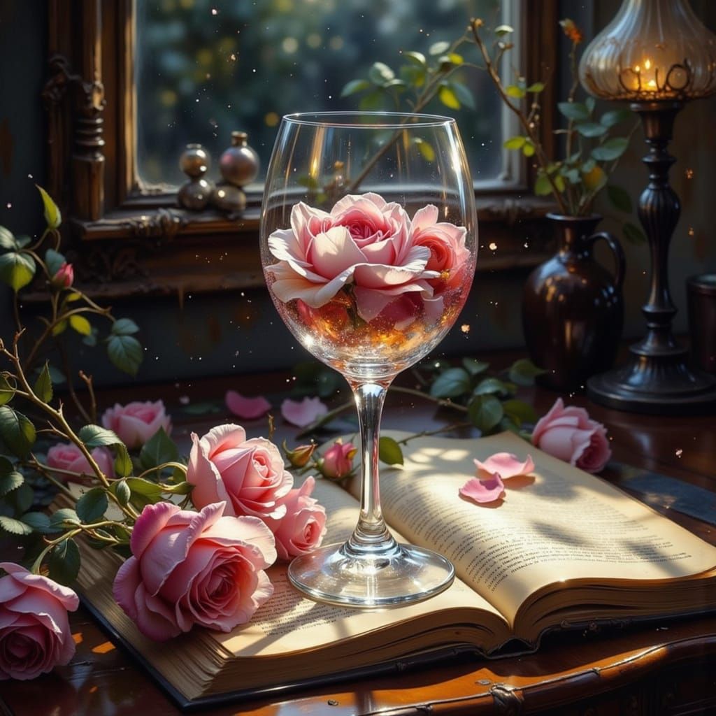 Crystal Glass Cascade of Rose Petals in Painting Style