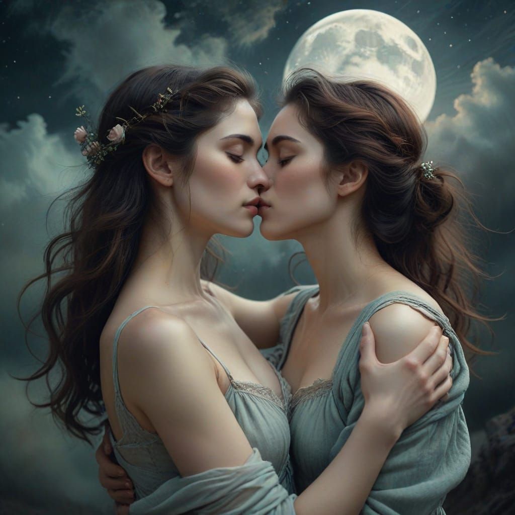 Passionate Kiss Between Two Women in Soft Pastel Portrait St...