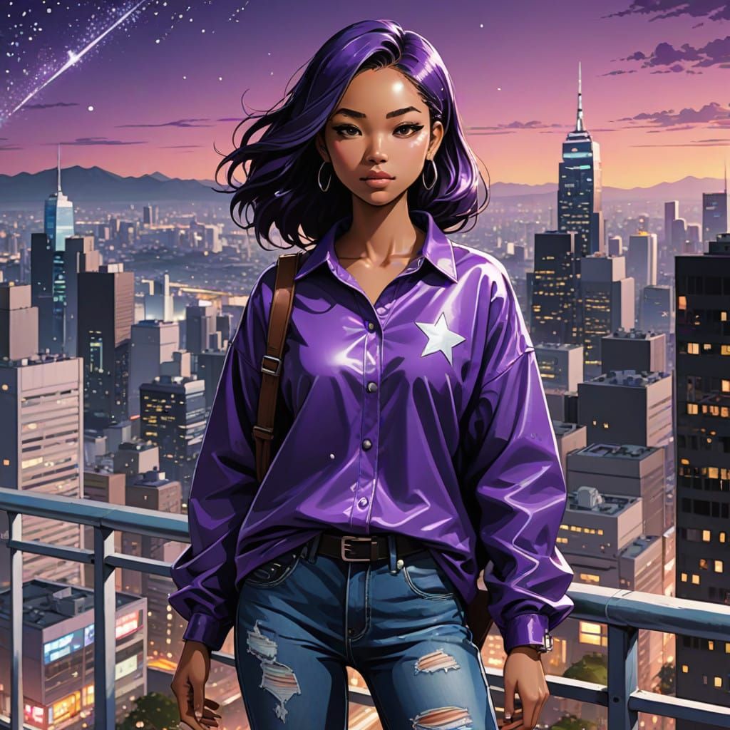 Confident Blasian College Student in Vibrant Purple Star Shi...