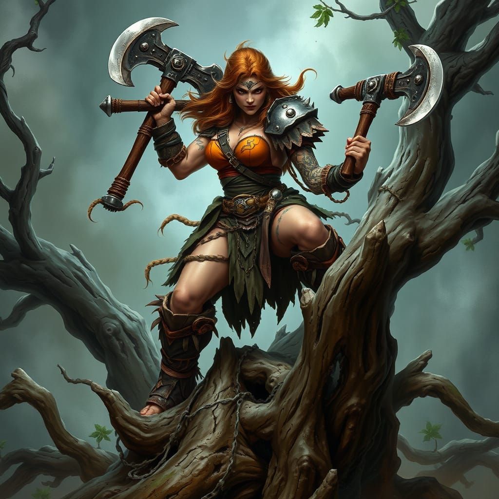 Fierce Barbarian Warrior Stands Ready to Pounce in Stormy La...