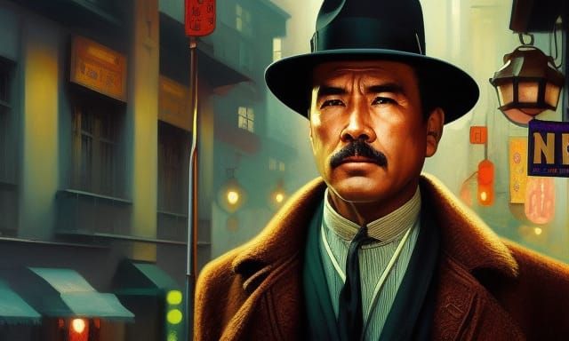 Sinister Chinatown Detective in Film Noir Style