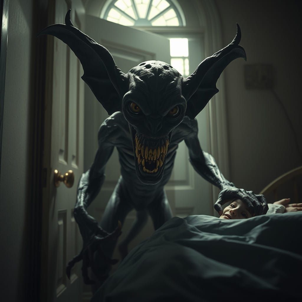 Surreal Horror Demon Emerges from Shadows in Cinematic Portr...
