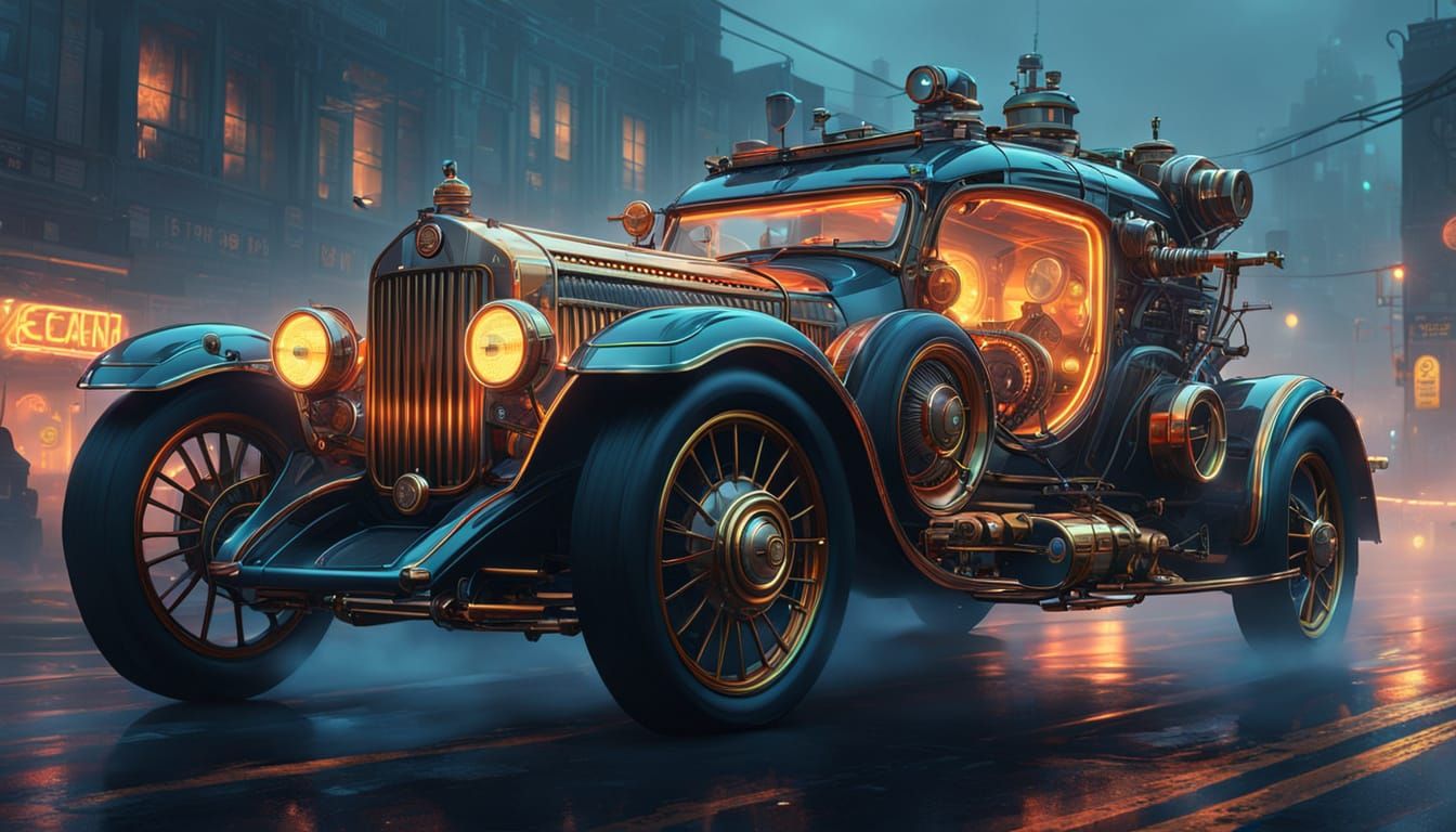 Futuristic Steampunk Car with Neon Lights in Comic Art